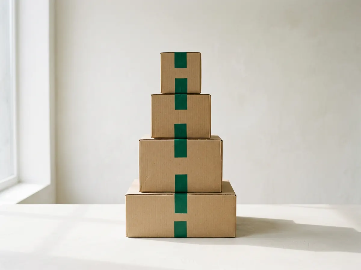Patru cutii de carton stivuite, sigilate cu bandă verde